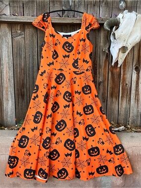 Halloween Pumpkin Print Whimsigoth Dress - Orange & Black